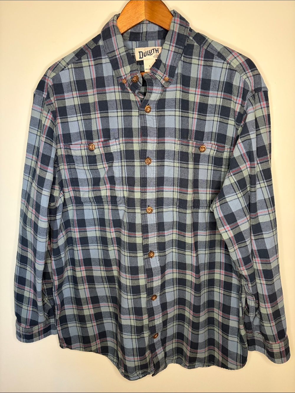 Duluth Trading Co Free Swingin Flannel Men's L Blue Plaid Relaxed Fit 52007